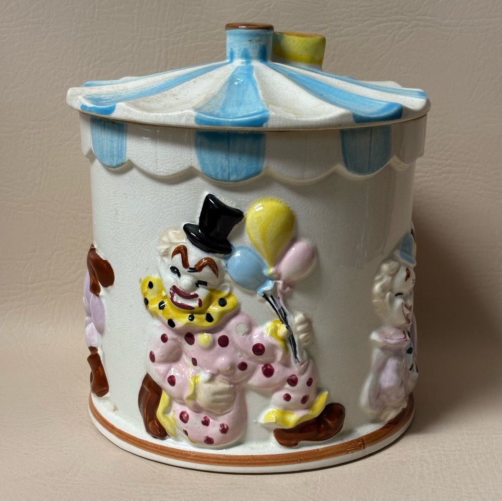Vintage Clown Cookie Jar Ceramic Circus Tent Whimsical Playful Blue stripe